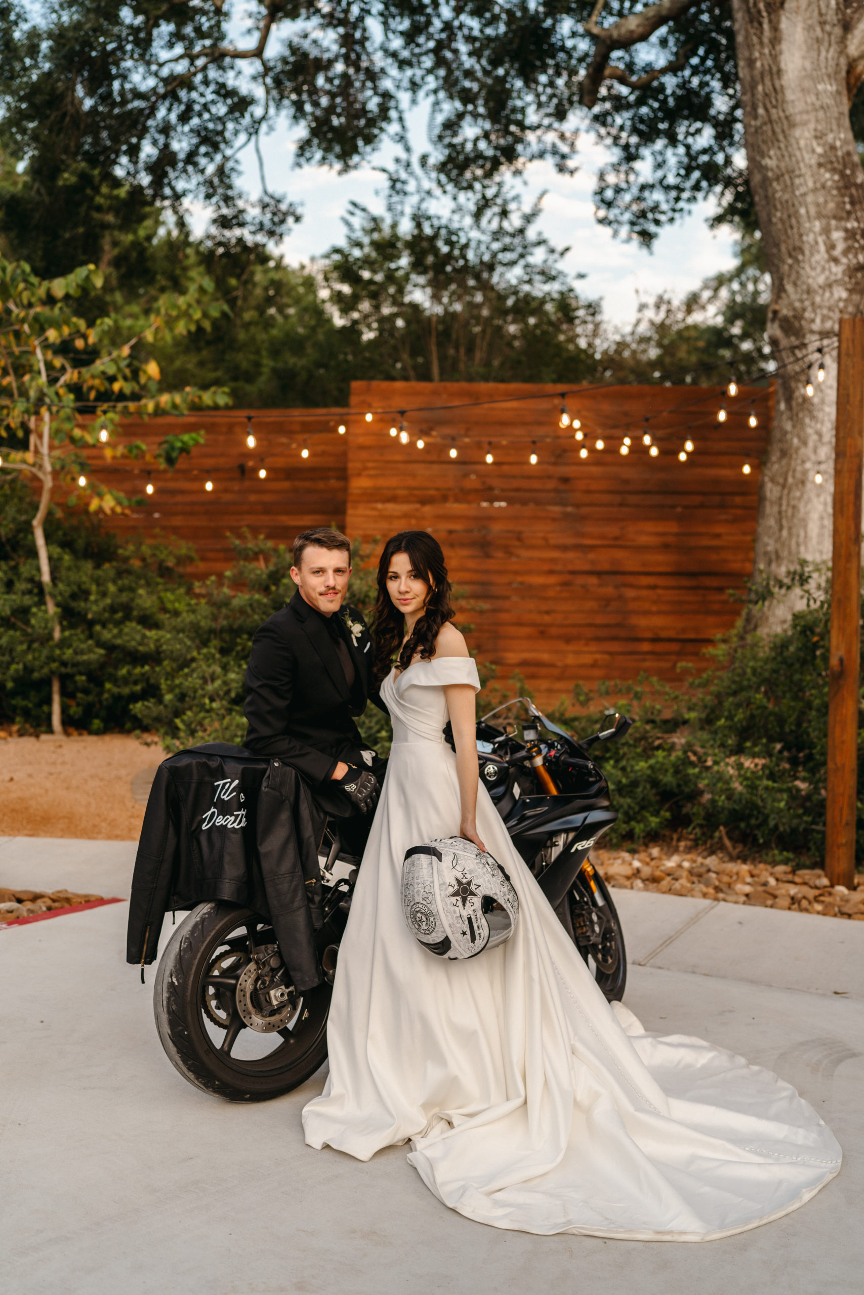 bride and groom on a motorcycle