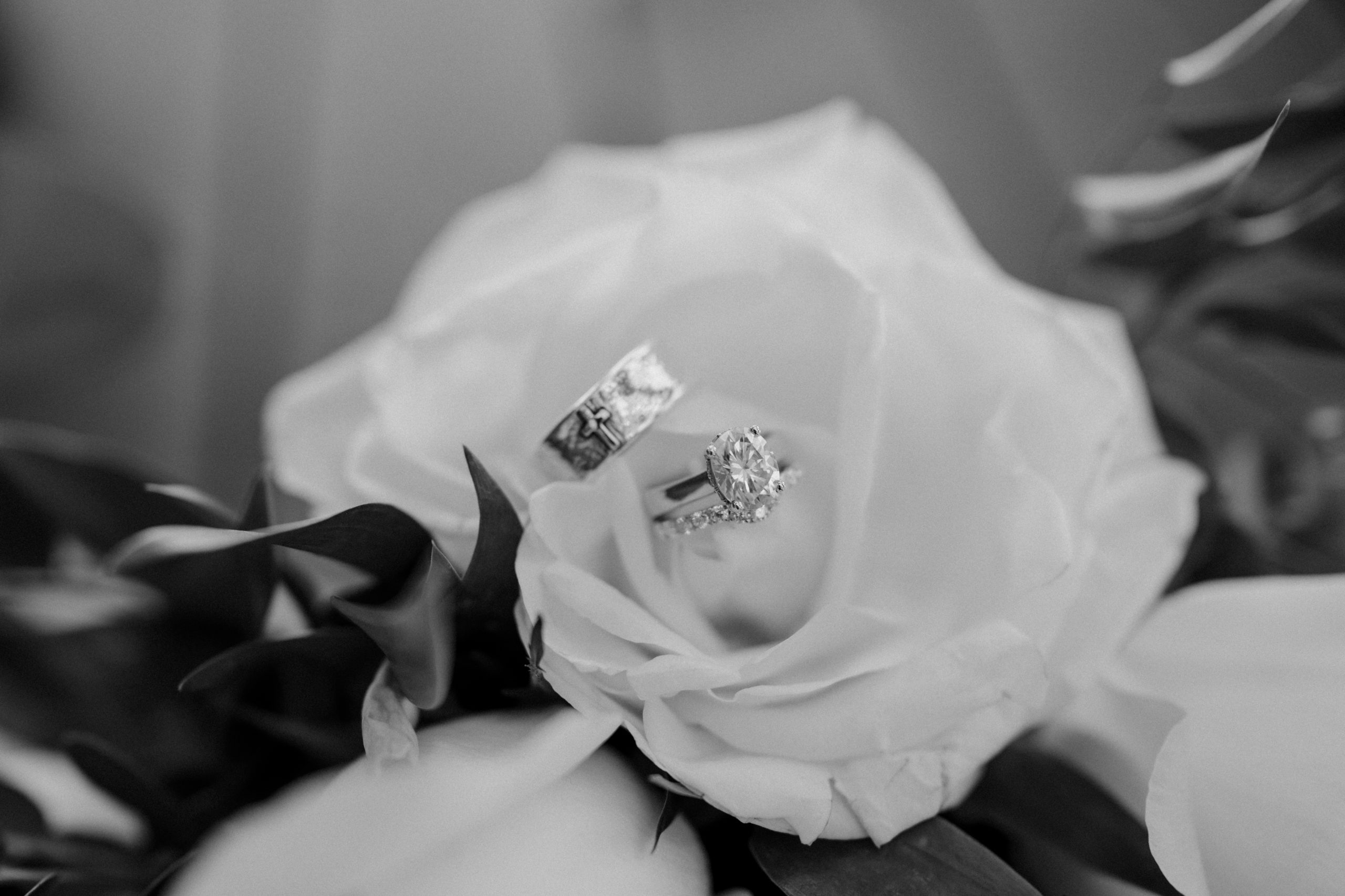 wedding rings on flowers
