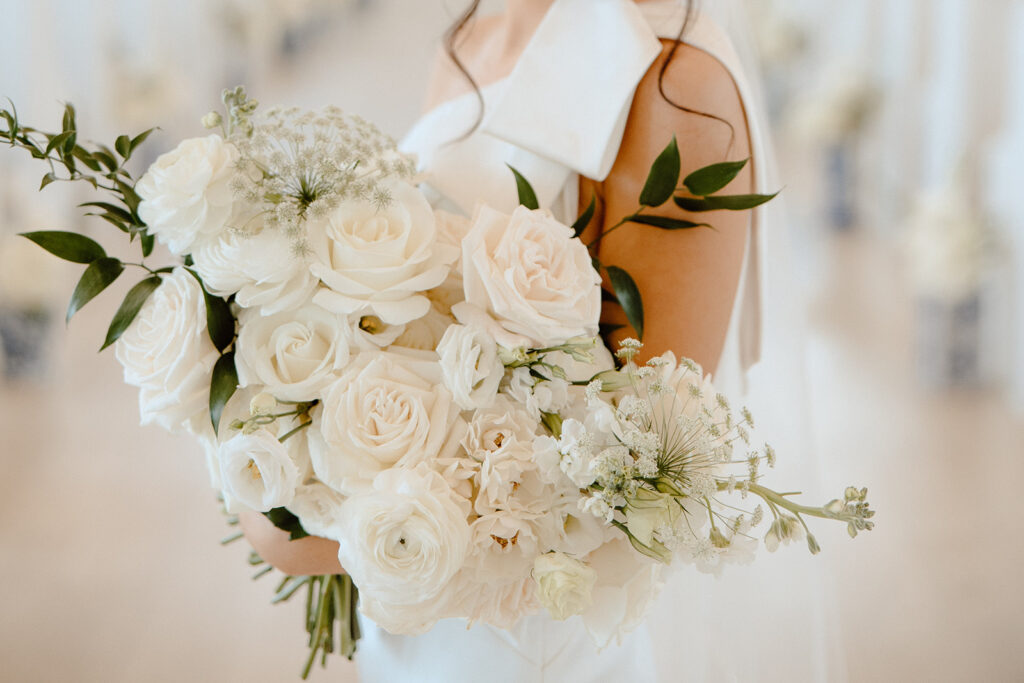 elegant wedding bouquet neutral white flowers