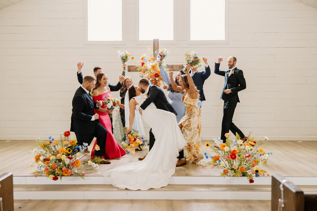bridal pary photos in texas wedding venue