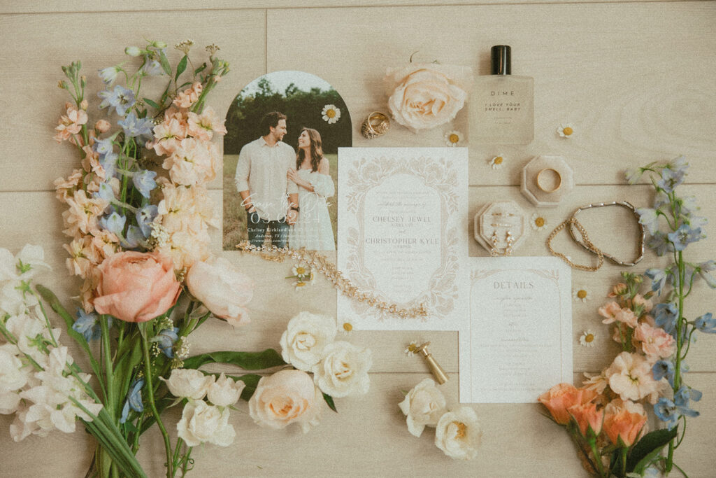 spring colorful and dainty wedding details flatlay photos