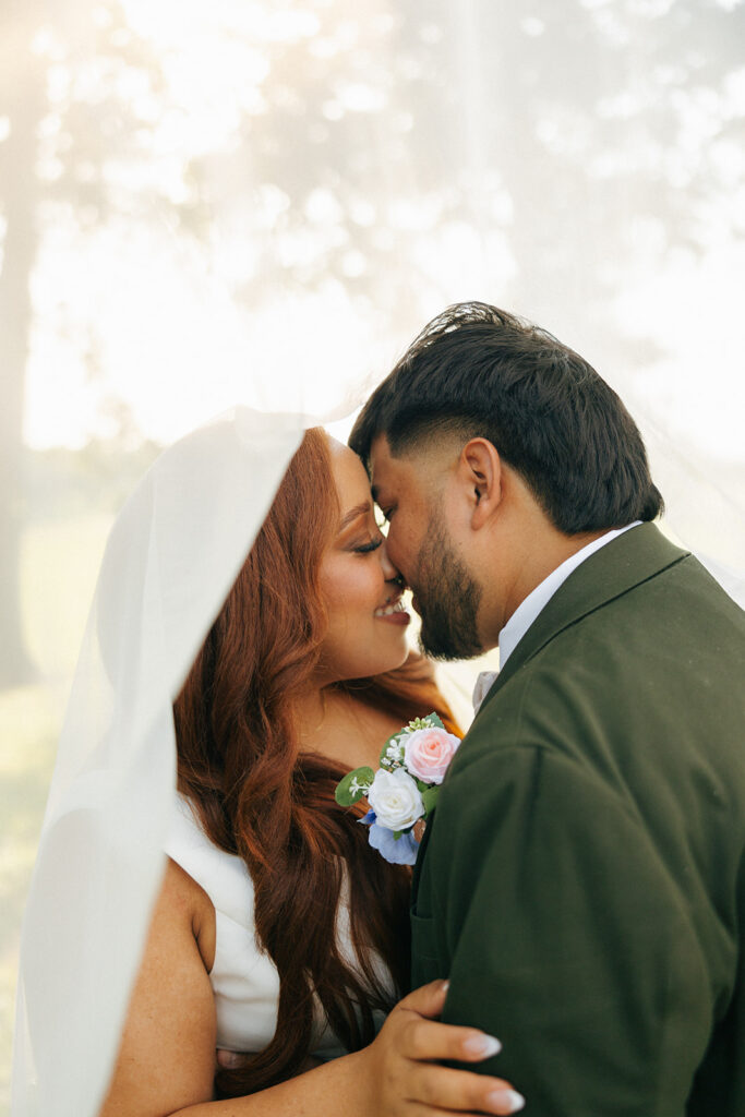 wedding veil photos couple kissing underneath veil