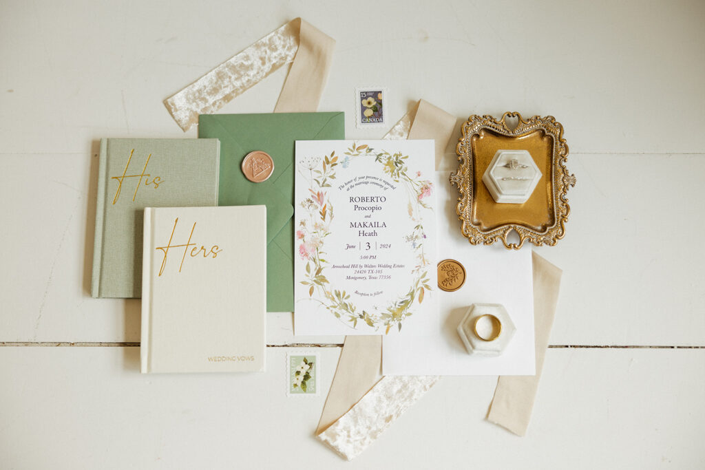 colorful pastel wedding details flatlay