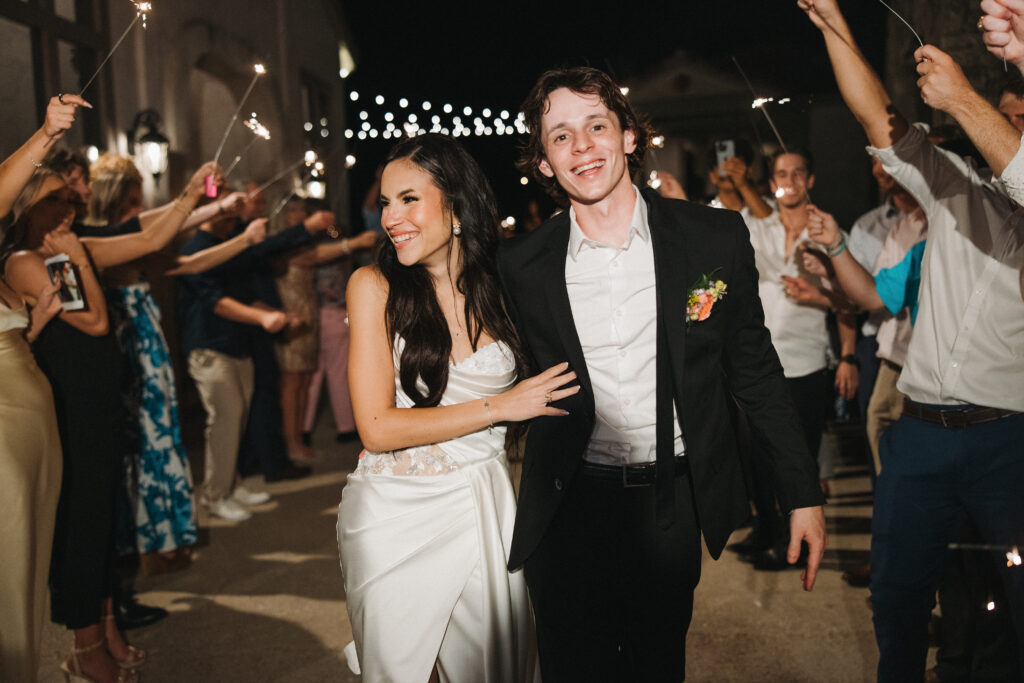 bride and groom wedding exit with sparklers