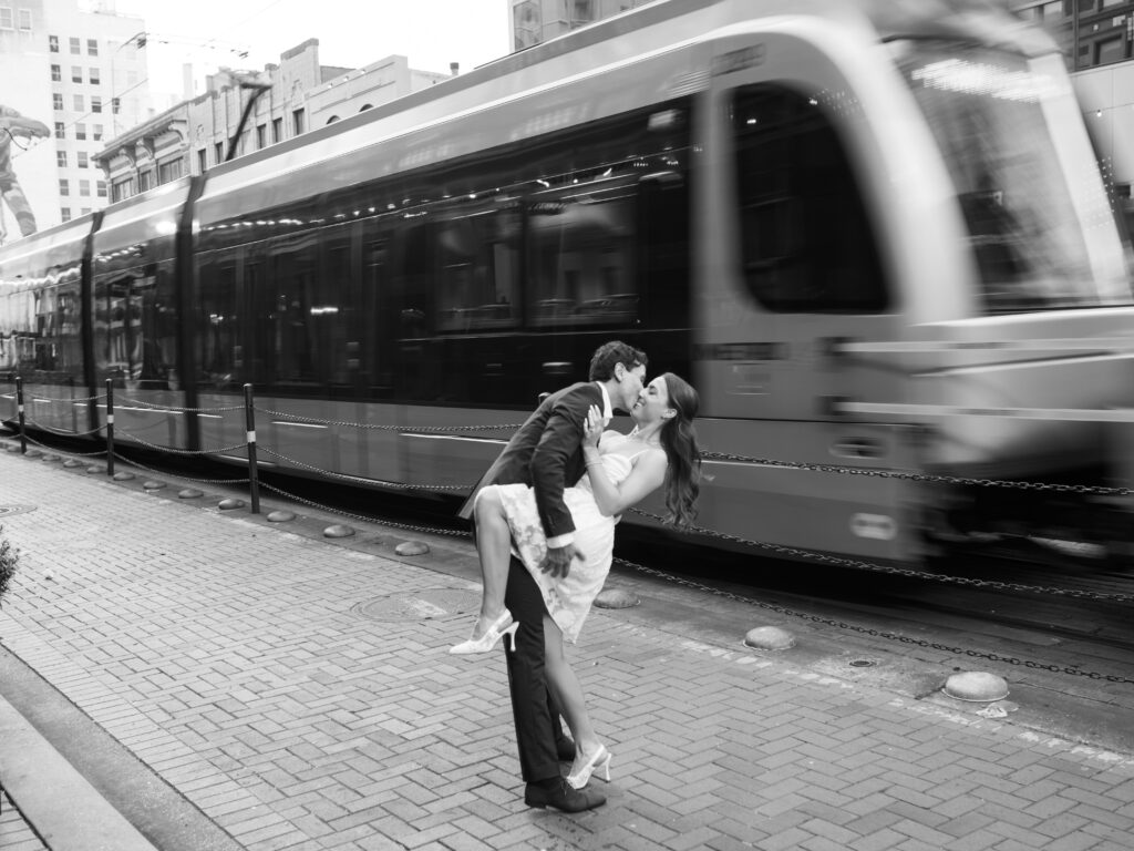 engagement photos by the train blurry engagement photos