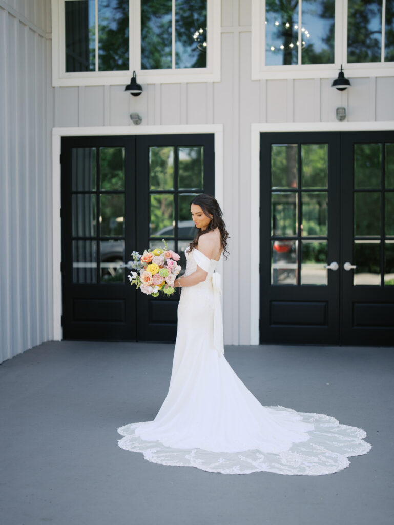 outdoor wedding portraits with colorful florals