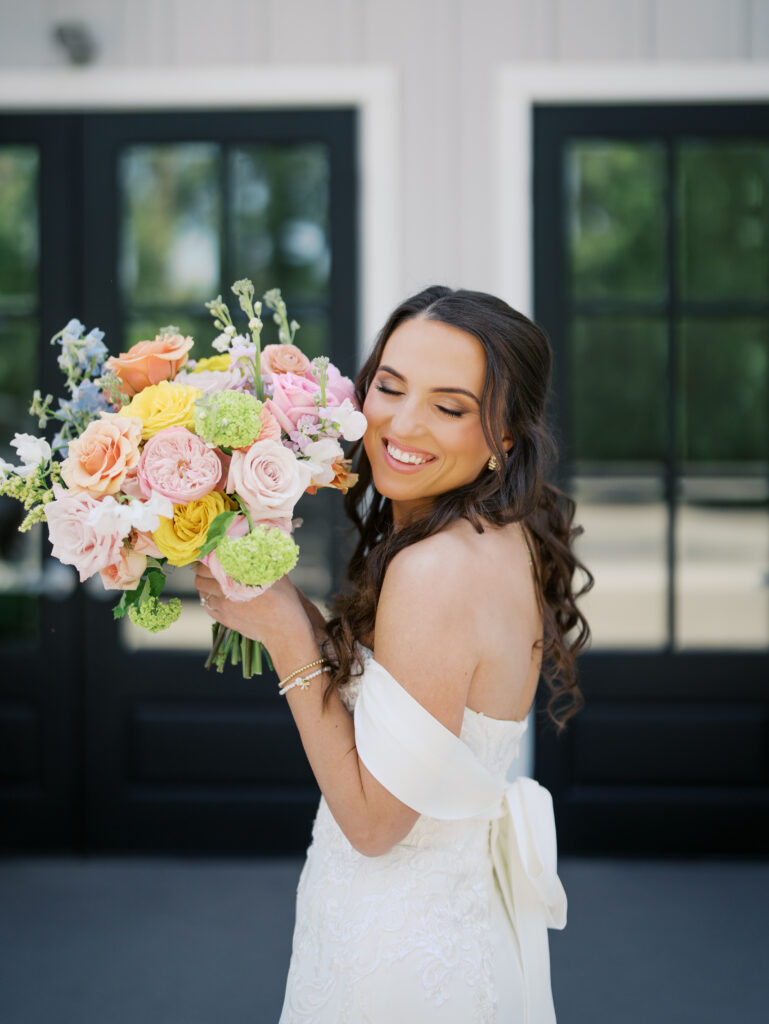 outdoor wedding portraits with colorful florals