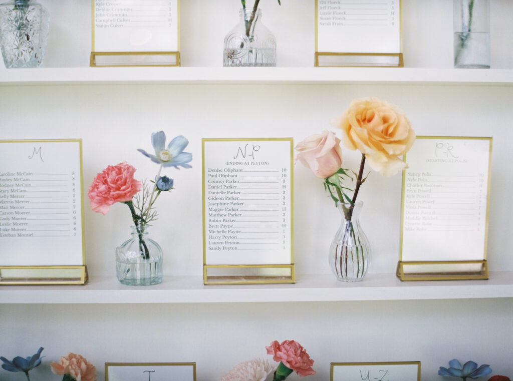 wedding seating chart for a spring wedding in magnolia at The Meekermark