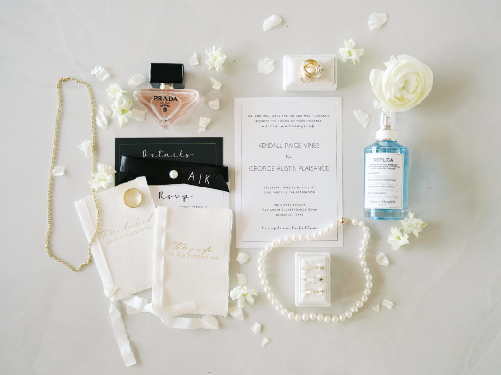 getting ready wedding photos flatlay