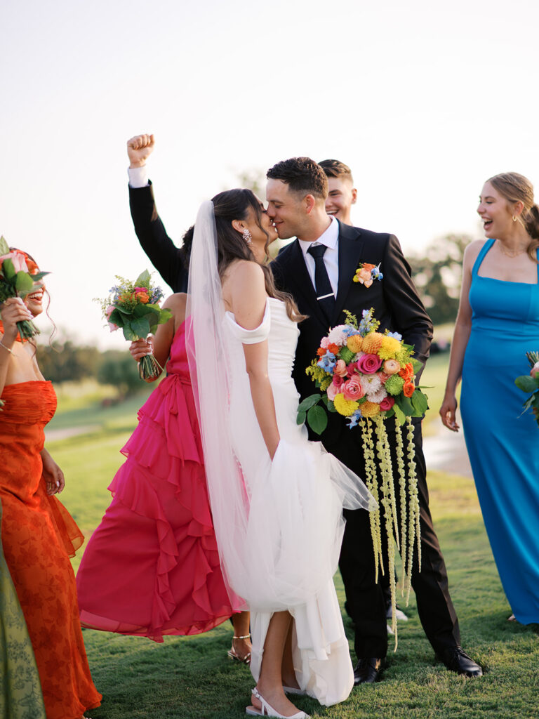 colorful bridal party photos at camp hosea wedding venues in texas