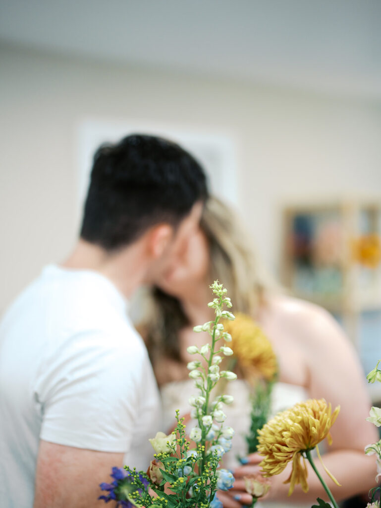 romantic engagement photos with floral arrangements studio engagement pictures