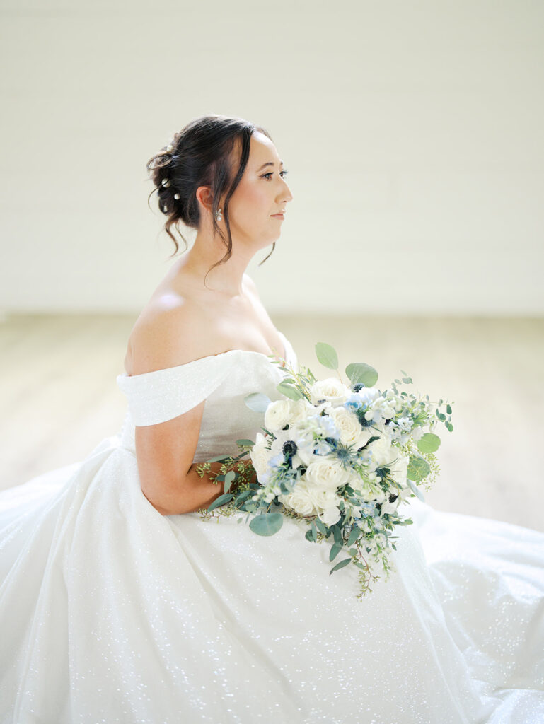 timeless wedding photos of the bride with her bouquet