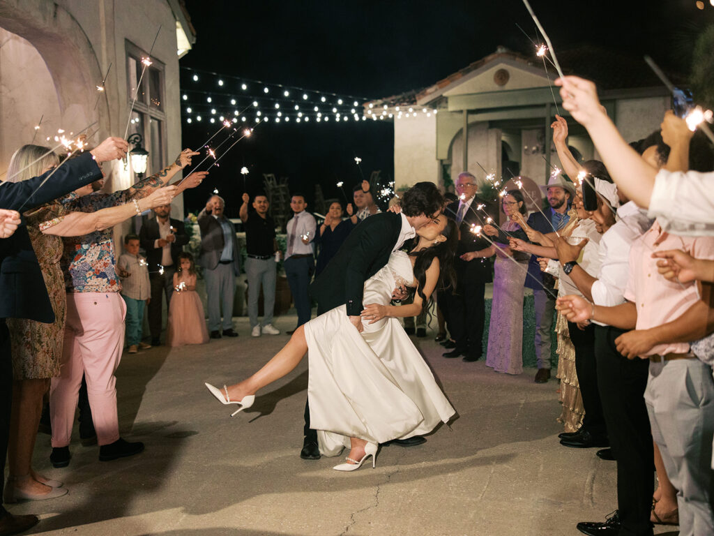 classy wedding exit with sparklers and cafe string lights