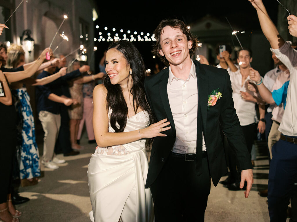 classy wedding exit with sparklers and cafe string lights