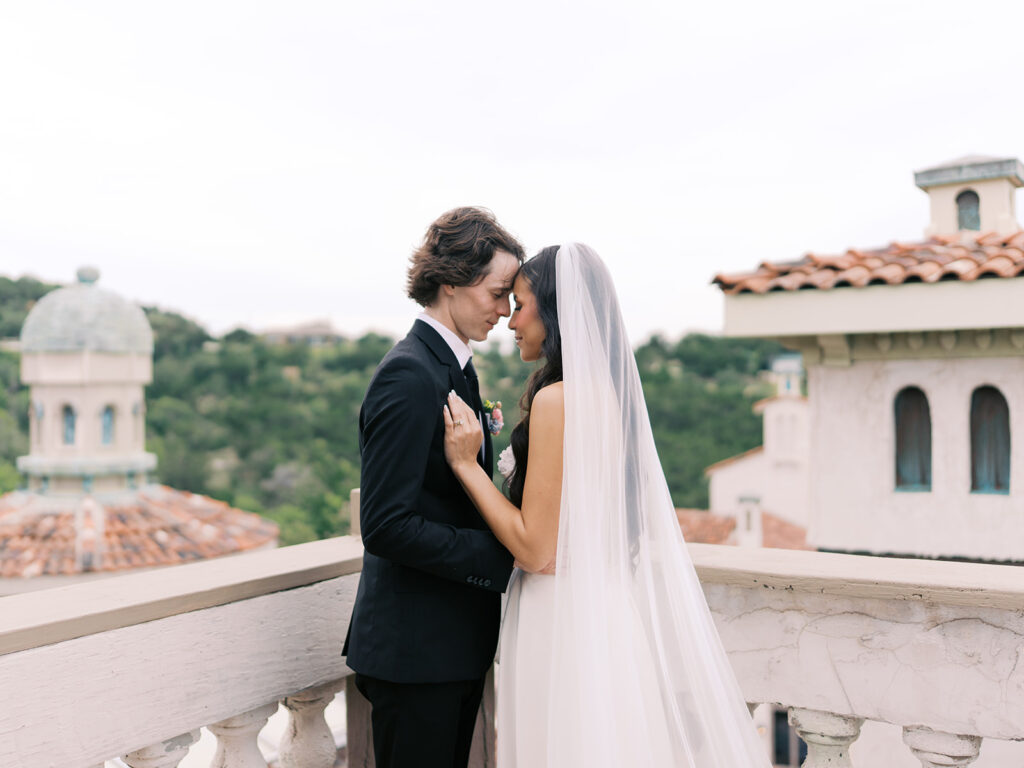 first look photos with bride and groom at italy inspired austin wedding venue