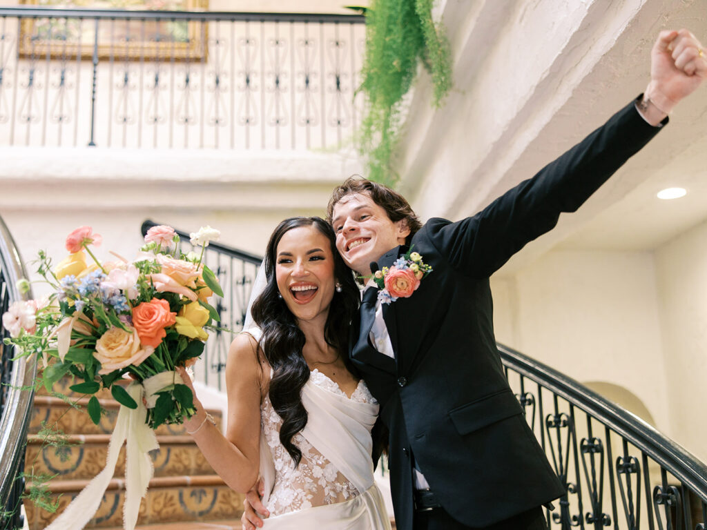 bride and groom celebrating after the ceremony at Villa Antonia Austin