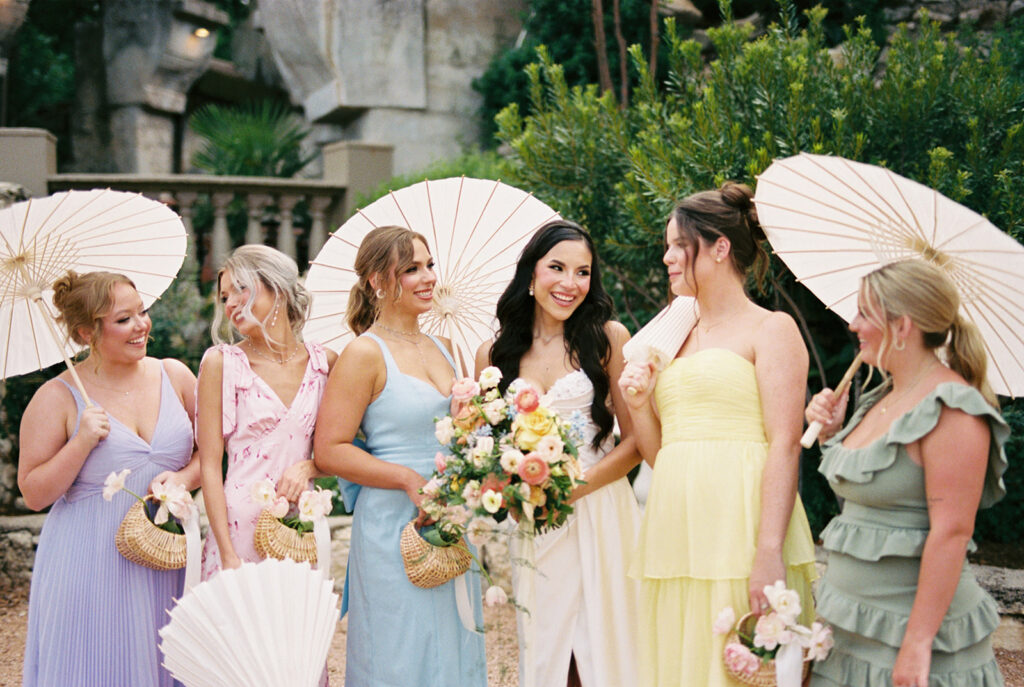 bridal party photos on film with spring colors and candid poses at Villa Antonia Austin