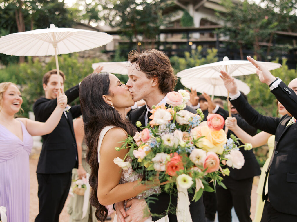 bridal party photos on film with spring colors and candid poses at Villa Antonia Austin