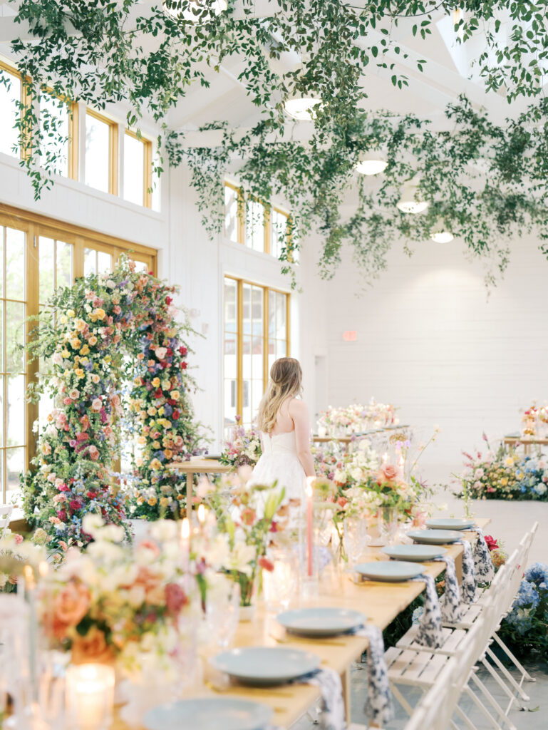 reception space and florals at a wedding in austin