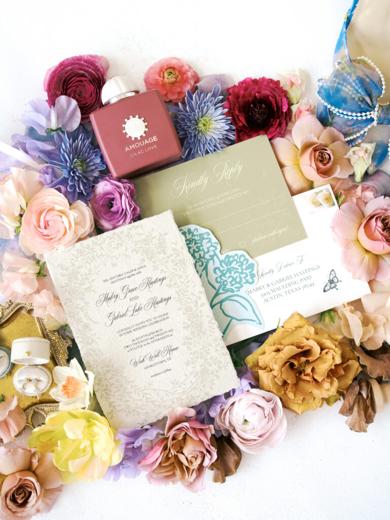 wedding in austin flatlay details and florals spring wedding color palette spring wedding theme