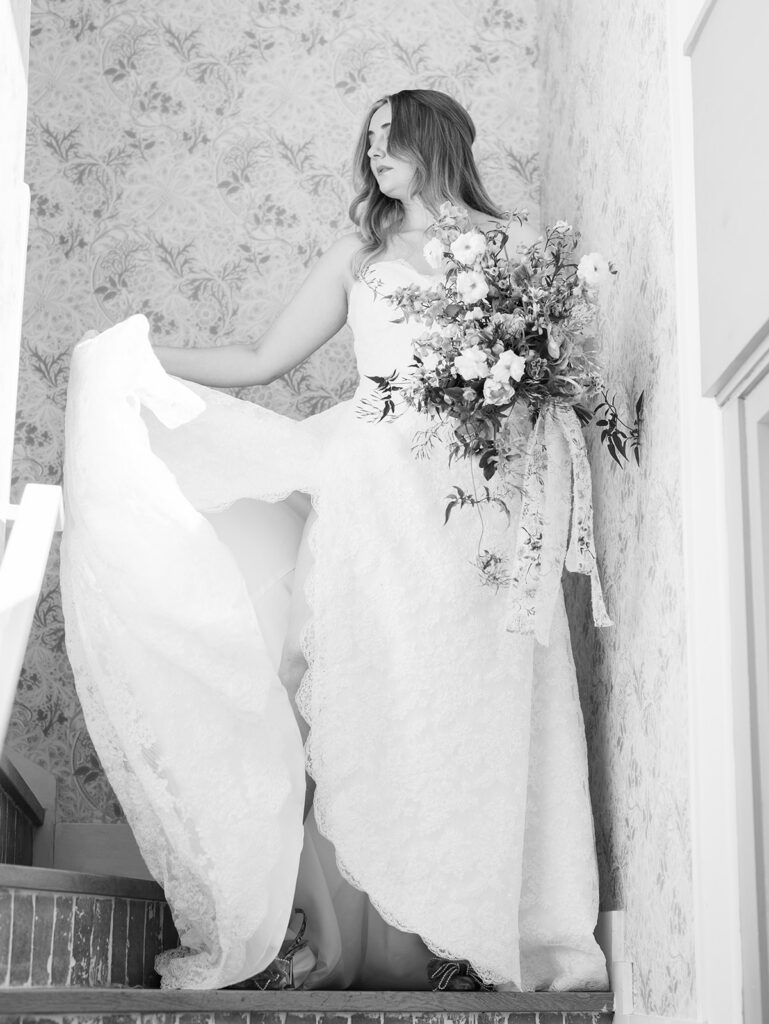 austin wedding florist makes her own bridal bouquet with spring wedding colors and flowers