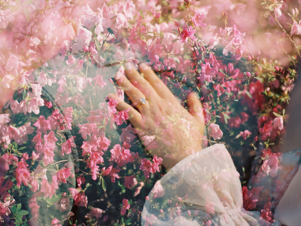 ring and flowers during Texas garden engagement session