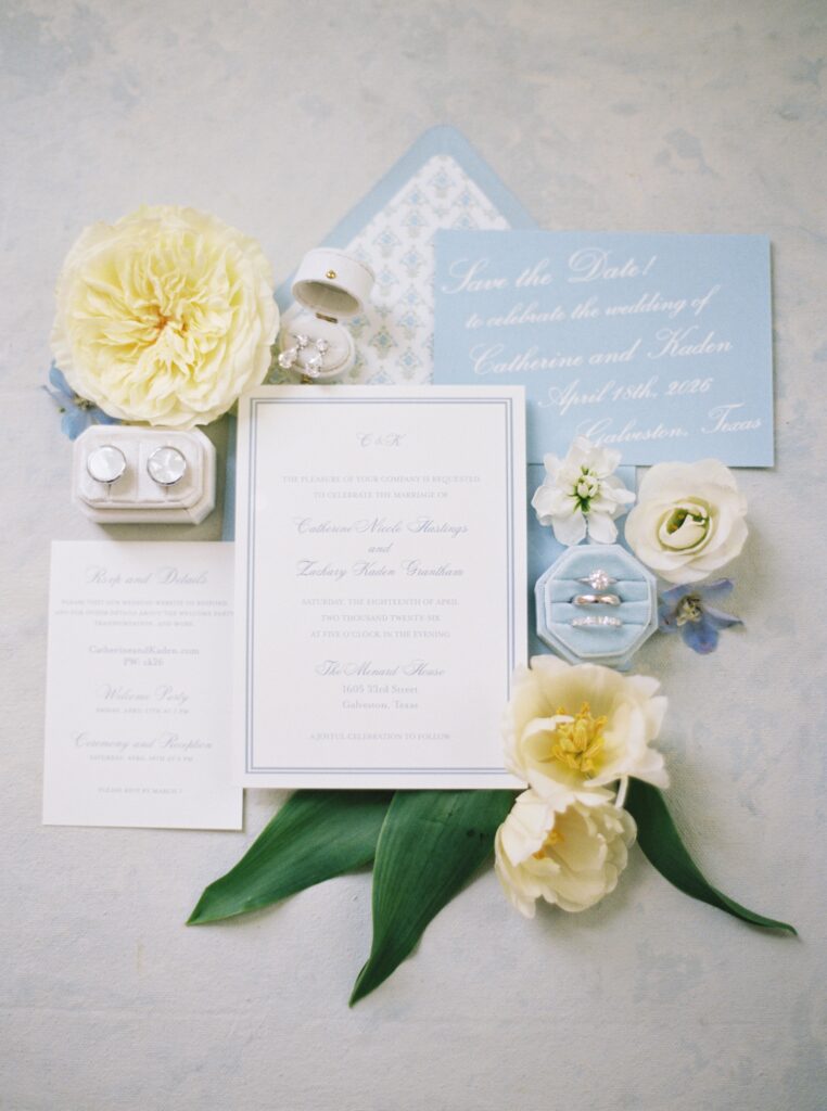 blue and white wedding details. florals and flatlay