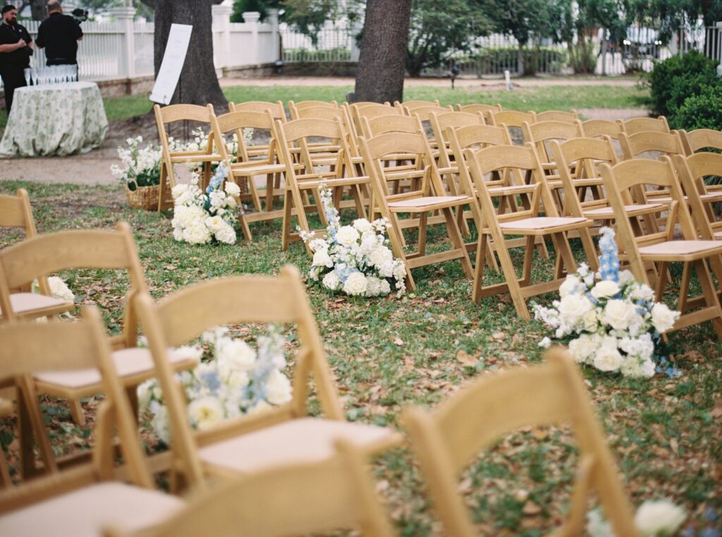 ceremony space and floral details on wedding day 