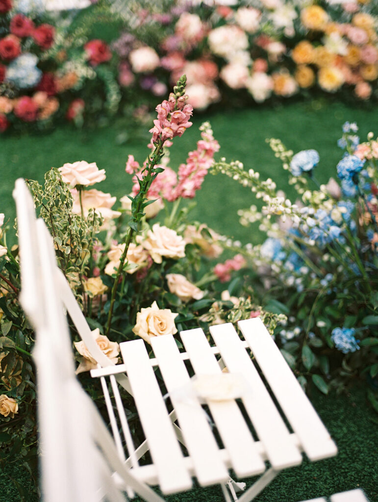 film wedding photography of wedding aisle flowers for a spring garden wedding in austin