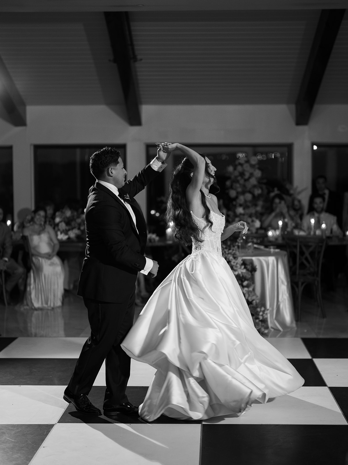 bride and groom dancing together